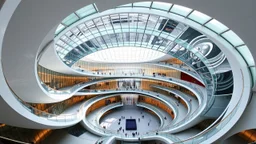 A modern art museum with a circular spiral design, built from a seamless blend of glass and steel. The entire building spirals upward from a wide base to a narrow point, and each level is interconnected by winding walkways. The structure appears to move in a continuous flow, drawing visitors toward its central, open-air courtyard. Award-winning photograph.