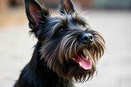 side of head nose mouth and eyes of a Scottish terrier coming up from the side-bottom, mouth open biting
