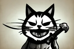 Cat diabolical smiling with a bloody knife with blood. Comic style