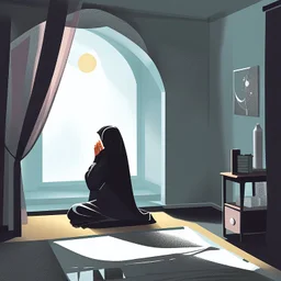 An imaginary design for a 20-year-old Muslim girl praying to God in her dark room, and the moon appears from the balcony