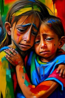 a girl hug her brother and both crying sadly, expressionism, Pixar style, in abstract art Basquiat, Picasso, Miro, Kandinsky, Klee, Birell, Fairey, Ardon, Buffet and Picasso style, HD --s 750 --v 5.1 --style raw, water color