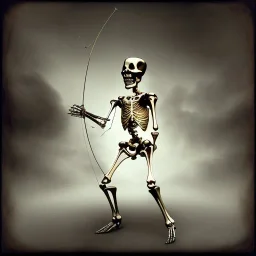 a skeleton archer holding a bow in his hand, steam punk, realistic, made in octane, cinematic, ultra-realistic, extremely detailed octane rendering, 8K, VRAY Super Real ar 2:3, dof photorealistic futuristic 50mm lens hard lighting dark gray tintype photograph, realistic lighting, sepia color