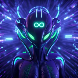 3D infinity symbol ∞ on alien's forehead, infinity figure-of-eight symbol is totally-symmetrical and glowing, exotic, neon, alien, inspiring, fantasy, scientific, friendly, beautiful, octane render, 8k post-production, artstation: award-winning: atmospheric: commanding: fantastical: clarity: 16k: ultra quality: striking: brilliance: liquid medium: stunning colors: amazing depth; lens: f/8, 28mm