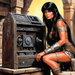 [art by Ray Harryhausen] a youthful Caroline Munro cautiously approaches the weathered and worn console, the most clever ordinateur in the universe. The once gleaming machine now bears the marks of time, covered in a layer of rust and dust that speaks of ages past. Despite its aged appearance, the user is granted access to a realm of knowledge and possibilities beyond her wildest dreams. The power and intelligence contained within this ancient ordinateur are shrouded in mystery, its mechanisms