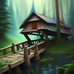 close up on realistic tricycle on wooden bridge in magical forest, spray painting, fantasy art book illustration