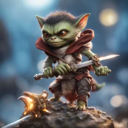 gremlin holding sword with vulcanic background,bokeh like f/0.8, tilt-shift lens 8k, high detail, smooth render, down-light, unreal engine,bokeh like f/0.8, tilt-shift lens 8k, high detail, smooth render, down-light, unreal engine