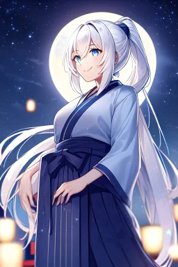 girl, masterpiece, best quality, cinematic lighting, detailed outfit, vibrant colors, perfect eyes, white hair, blue eyes, long hair, ponytail, hakama, shrine, smile, looking down, night sky, starry sky, full moon,