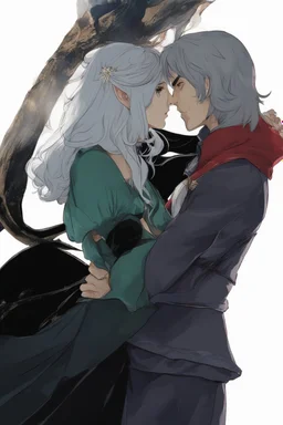 Couple from dnd kissing, woman with white hair wearing a dress, man with long black hair tunic and red cloak.