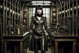 full-length pale dark-haired woman with a straight bob hairstyle with a fringe, in a steampunk leather outfit, and gloves, standing in a laboratory