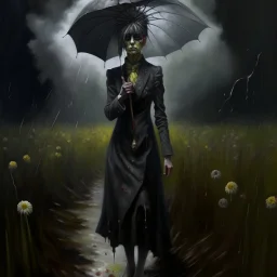 hauntingly visceral matte oil painting of an aristocratic female zombie facing forward, on a muddy path in an empty dandelion meadow in the pouring rain, holding a tattered and torn umbrella. The scene exudes a sinister, profound, dramatic, and fantastical dark dream atmosphere. The composition is dynamic, with complex contrast and a sinisterness that invites both fascination and unease, style by Michael Whelan and Hieronymus Bosch and Goya