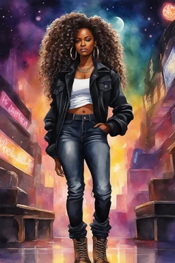 Create a watercolor image of an African American female wearing a black jean outfit with timberland boots. Prominent make up with hazel eyes. She is wearing large diamond hoop earrings. Extremely highly detailed very long curly hair that shines. Background of a night club.