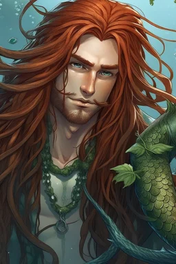 scaled determined wet pirate nereid male with seaweed in long auburn hair