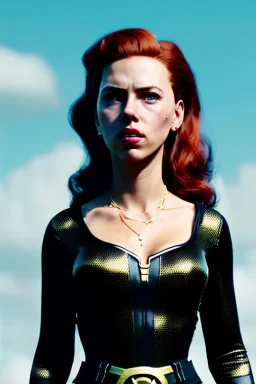 retro portrait image from 1960, sky background, wind, long red hair, fighting stance, sweet young Scarlett Johansson, black dress, classic long tight lycra black suit, gold bracelet and belt, high heel boots, superhero style, black widow, soft color, highly detailed, unreal engine 5, ray tracing, RTX, lumen lighting, ultra detail, volumetric lighting, 3d, finely drawn, high definition, high resolution.