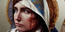 The Virgin Mary, cry in the dark, blood, darkness, Outlast, photorealistic illustration, 8k