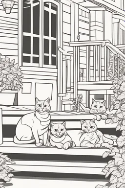 coloring page for kids, Cats on the porch, cartoon style, thick lines, low detail, no shading