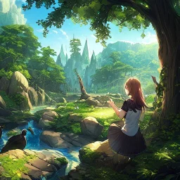 anime girl meditating pose, rock trees, birds, creek