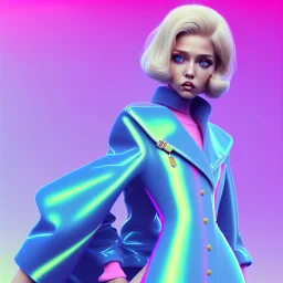 blonde woman, purpurin, minimal latex dress, oversize velvet coat, gradient color, BLUE, PINK, CYAN, neon, insanely detailed, 16k resolution, perfect eyes, cinematic smooth, intricate detail