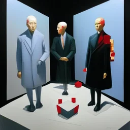 Putin, President Xi Of China And Joe Biden Play Chess With A Pigeon,Ufo And Atomic Bomb Mushroom Cloud,Complex Surgical Instruments Intermixed With A Newborn Boy,Minimalism,Painting By Adrian Ghenie,Rene Magritte,Pablo Picasso,Michelangelo,Salvador Dali,Lucian Freud