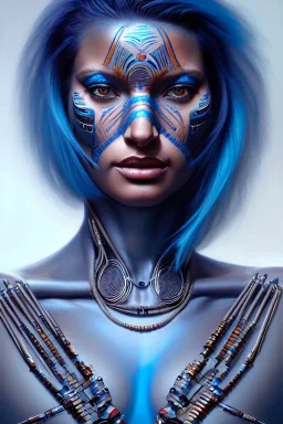 hiper realista, hiper detalhado, retrato de corpo inteiro, no estilo tribal, de uma mulher incrivelmente bonita com implantes biônicos, cabelos azuis, olhos brilhantes, arte de greg rutkowski, artgerm, wlop, rossdraws, boris vallejo