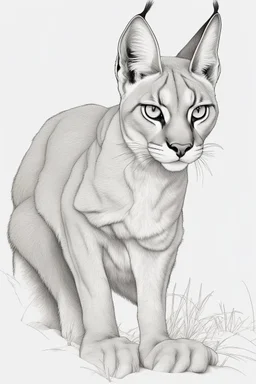 "Generate an AI line art of a Caracal in a dynamic front shot, half-body pose. Capture the distinct features of this wild cat, emphasizing its grace and alertness. Use clean lines to showcase the caracal's unique characteristics in a striking and detailed illustration."
