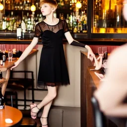 Russian guy boyish boylike short man's haircut boyish features in black girlish lacy cocktail dress in restaurant