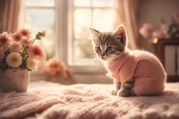 photorealistic image, browned, faded, last century style photograph with knitted and embroidered cute chibi anime kitten watching tv in an elegant room, flowers, in sunshine, edges of image appear burnt, ethereal, cinematic postprocessing, bokeh, dof