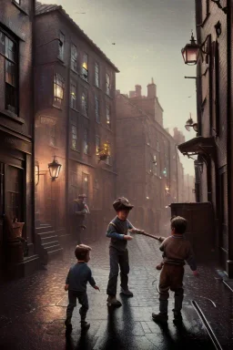 photorealistic painting of young boy fighting old boy, industrial era, night time, people in background, diagon alley