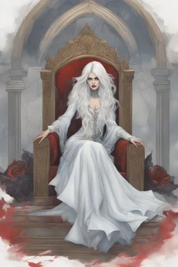 Beautiful white haired Vampire queen on her throne, drawing