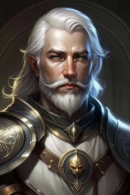 Please create an image for a 30-year old half-aasimar male with silver hair and a short, square beard and blue eyes. He is a cleric of Selune, whose symbol should be placed on the cleric's shield, if visible in the image. The cleric should be wearing either medium or heavy armor, and carrying a warhammer or a mace and a shield