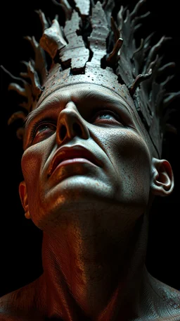 Busch painting style nightmare, a zoomed view of a man looking up man his head is a broken rusted metallic skin texture in a 3d rendering full-height image of a grim and dark scene. Ensure the final images exhibit the utmost quality, encompassing 4K, 8K, and 64K resolutions, with 3D rendering that manifests in photorealistic, hyperrealistic, and highly detailed representations. Employ techniques such as HDR, UHD,