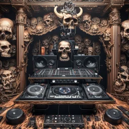 DJ of the damnded, insanely detailed DJ booth in hell, MID set, speakers and equipment made of bone, anatomically correct, add more skulls in th audience, photorealism, vray, 8k 3d https://stablecog.com/generate?o=a67b60e0-edd2-418d-9744-d1d585055d7fv https://stablecog.com/generate?o=93026b00-ac6b-436a-bc57-6aa04073d4a9