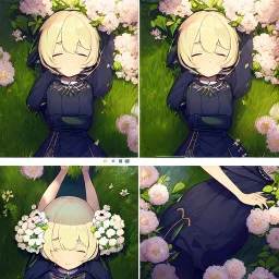 anime girl sleeping in a field of flowers, under a weeping willow tree, with a btterfly on her nose, zoom out, making the image smaller