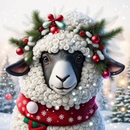 festive Whimiscial sheep in snow, with lights dressed for Christmas in holiday sweater