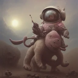 1yo little boy is on safari on the moon. riding a pink dinosaur. he has big and a funny hat. High detailed. Cinematic. oil on canvas painting. Warm lights. beksinski