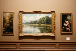 a classic painting on a musiume wall showing a lady standing next a river in coutry side with a luxury frame
