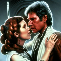 old carrie fisher embracing harrison ford in star wars, waist up portrait, photorealistic faces, intricate, oil on canvas, masterpiece, expert, insanely detailed, 4k resolution, cinematic smooth, intricate detail , soft smooth lighting, soft pastel colors,