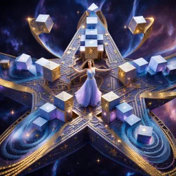 A surreal cosmic scene featuring an elegant woman in a flowing lavender and blue gown standing at the center of a massive five-pointed star-shaped platform floating in deep space. The star is constructed from intricate architectural elements - miniature buildings, geometric cubes, and stone blocks arranged in a mosaic pattern. Golden luminous trails and swirling energy ribbons spiral around the star's points. The background features a breathtaking nebula with purple, pink, and blue cosmic clouds