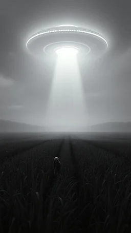 A field filled with aliens at the end of the picture a ufo object , cinematic, 8k, in black and white