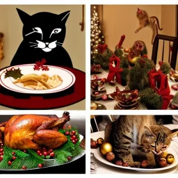 Cats and children eating Christmas dinner with alien lion and floating ball, and exquisitely decorated turkey and HR giger alien