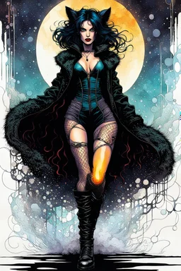 Create a fine art print , full body illustration of an epic fantasy Gothpunk sorceress Girl , with finely lined and detailed facial features, in a ragged fox fur coat, fishnet stockings ,battered combat boots, , in the comic book style of Bill Sienkiewicz, Philippe Druillet, and Jean Giraud Moebius, precisely drawn, colored and inked