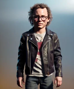 Heath ledger toddler, full body, sneaker, leather jacket, floral shirt, soft skin, dramatic lighting, hyper realistic