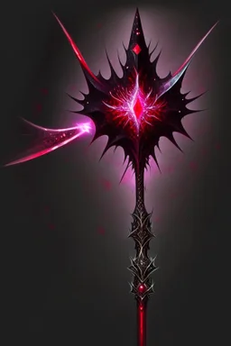 A sorceress evil staff that is a mix colors of red and black crystals and sharp edges, with black aura swirling around it