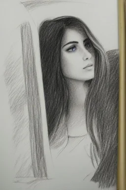 Pencil sketch of Young woman look through the window , Arab features,sad, long wavy hair, full body، on lined paper