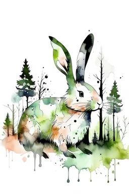 Watercolour effect, rabbit, forest abstract,roschCh ink blot test, white background, muted colour's.no black outline, no black colour only white more watercolour blobs, no black outline, other colours