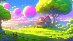 A cute and soft pastel coloured video game concept art of a little fantasy farm, farm house, fences, farm crops, islands in the sky, bubbles, fluffy trees, water, soft pastel colours, colorful hues, intriguing, peaceful and serene, good lighting, eye catching, rounded, by makoto shinkai and thatgamestudio, artstation