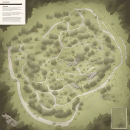 map, large camp ground, top view, comic book, sketch, nature, paths,
