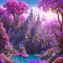 luminous pink castle, on the mountain, sun,swanns,waterfall, BLUE LAKE, SWANNs,fuksia bugainvillier flowers, jacaranda violet trees, sky pink blue, full of details, smooth, bright sunshine，soft light atmosphere, light effect，vaporwave colorful, concept art, smooth, extremely sharp detail, finely tuned detail, ultra high definition, 8 k, unreal engine 5, ultra sharp focus