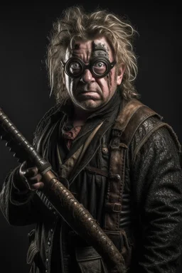 Mad-eye Moody with a chainsaw for a right arm wearing leather armor, looking gaunt and angry