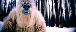 close up of a Yeti in documentary photography, burned trees, Wildfire, Smoke, burning, forest fire, August 1995, Yeti, Dystopian, Japanese, Extreme depth of field, bokeh blur, winter, blizzard, Alberta, all-natural, in the style of candid, imperfection, natural lighting, Professional shot, shot on Agfa, Fuji Film, Anamorphic lens --ar 4:5 --w 150 --style raw