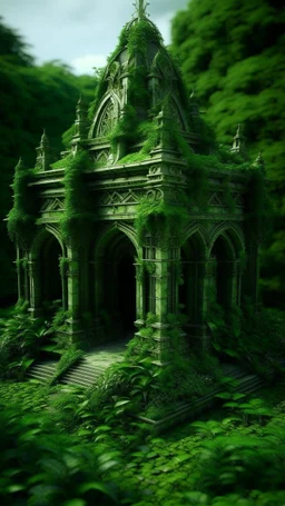 very detailed all Green Ancient temple surrounded by leaves and ivy, medieval, gothic style,
